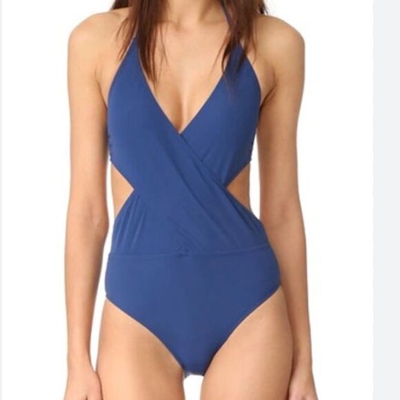 NWT Tory Burch Solid Wrap-front One-piece Swimsuit In Capri Blue size Medium - Picture 1 of 7